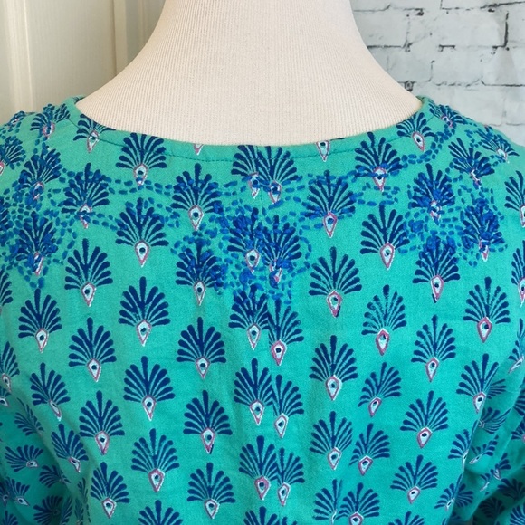 Roller Rabbit Cotton Dress L Block Print Turquoise Blue Tassel Tie Boho Beach - Picture 14 of 16